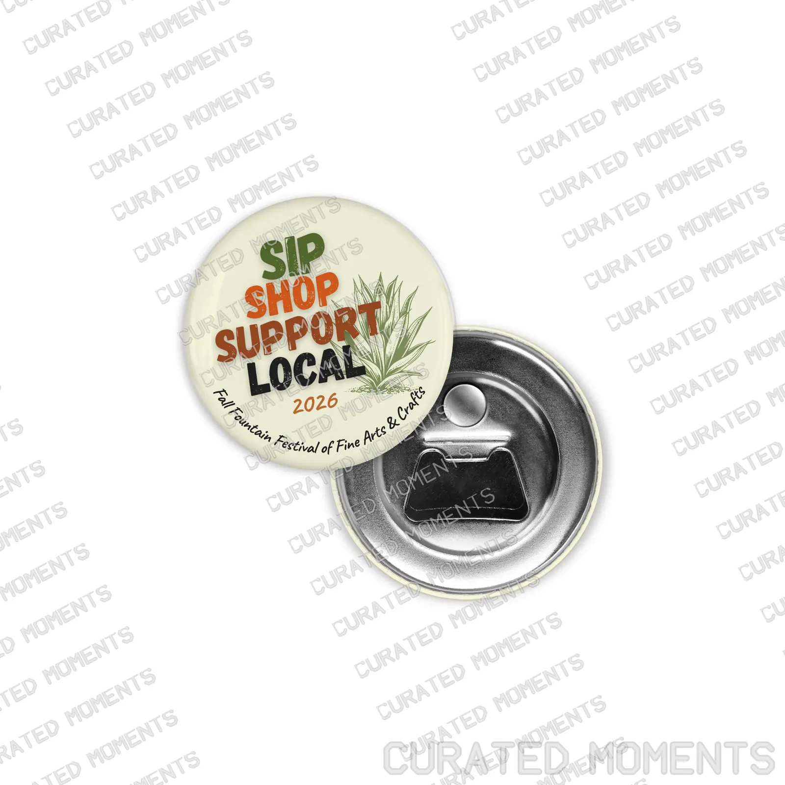 Support Local Artists 2026 magnetic bottle opener for the Fountain Hills arts festival with a metal opener back
