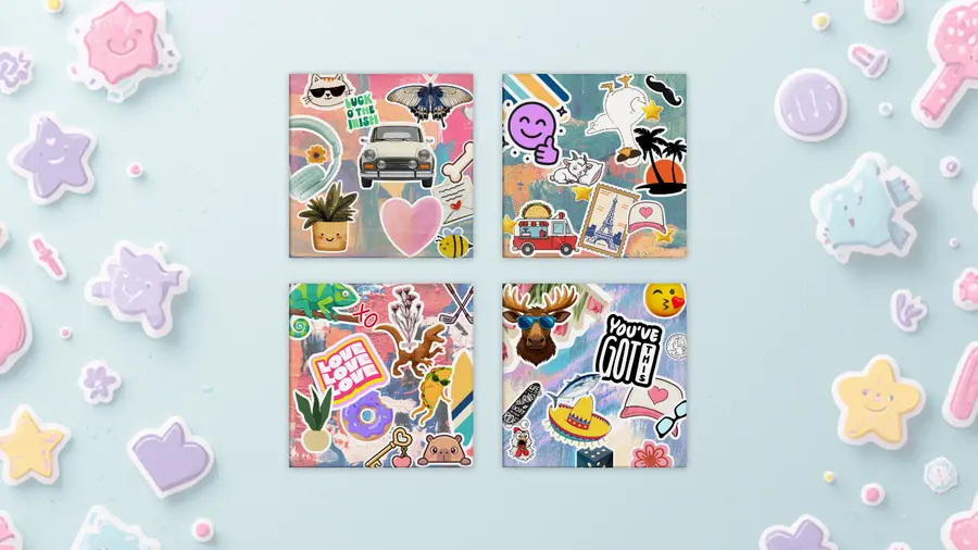 Sticker Collage hero arrangement showing four playful square magnet designs on a pale blue sticker-covered background
