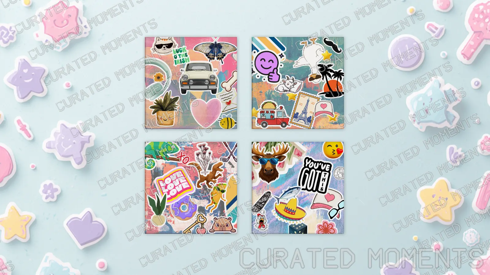 Sticker Collage hero arrangement showing four playful square magnet designs on a pale blue sticker-covered background