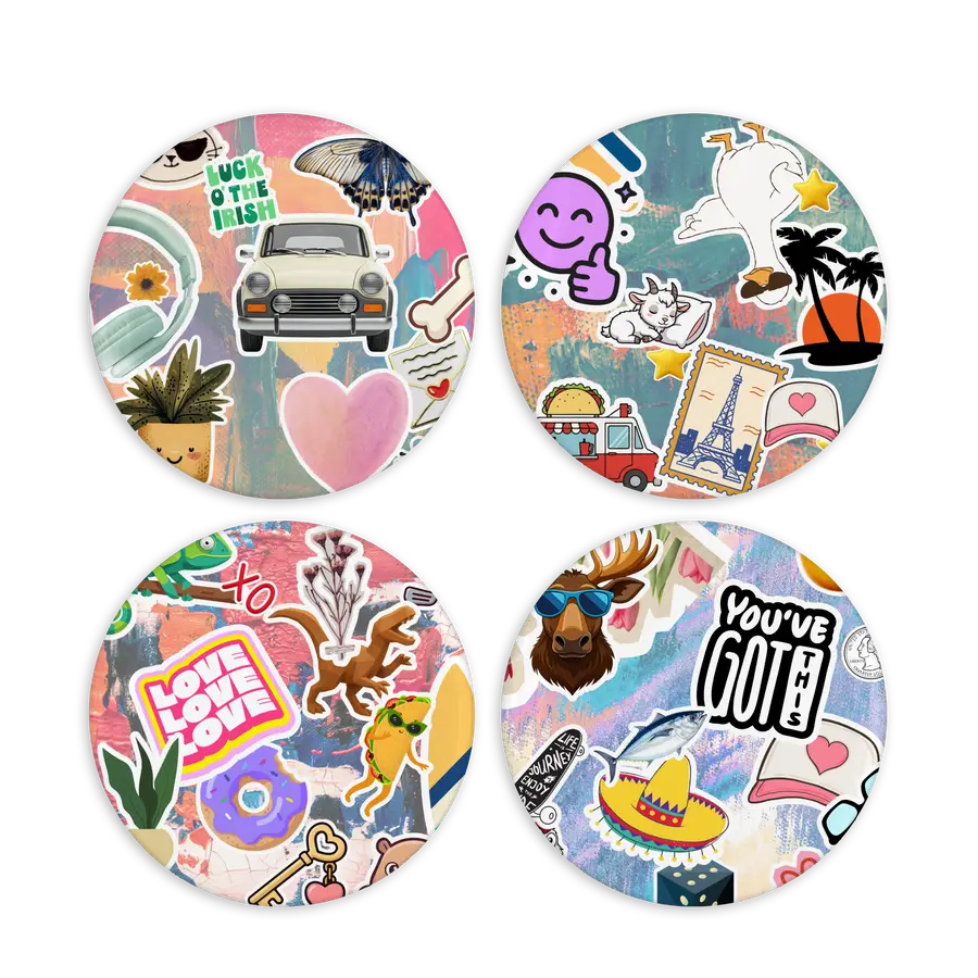 Round Sticker Collage set of four colorful magnets with playful travel, animal and encouragement artwork