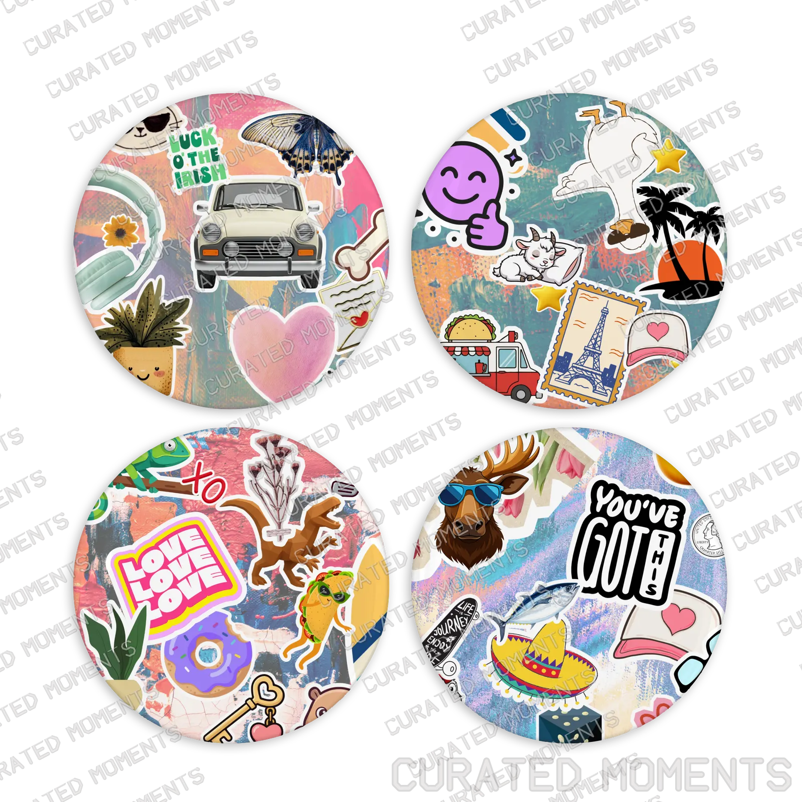 Round Sticker Collage set of four colorful magnets with playful travel, animal and encouragement artwork