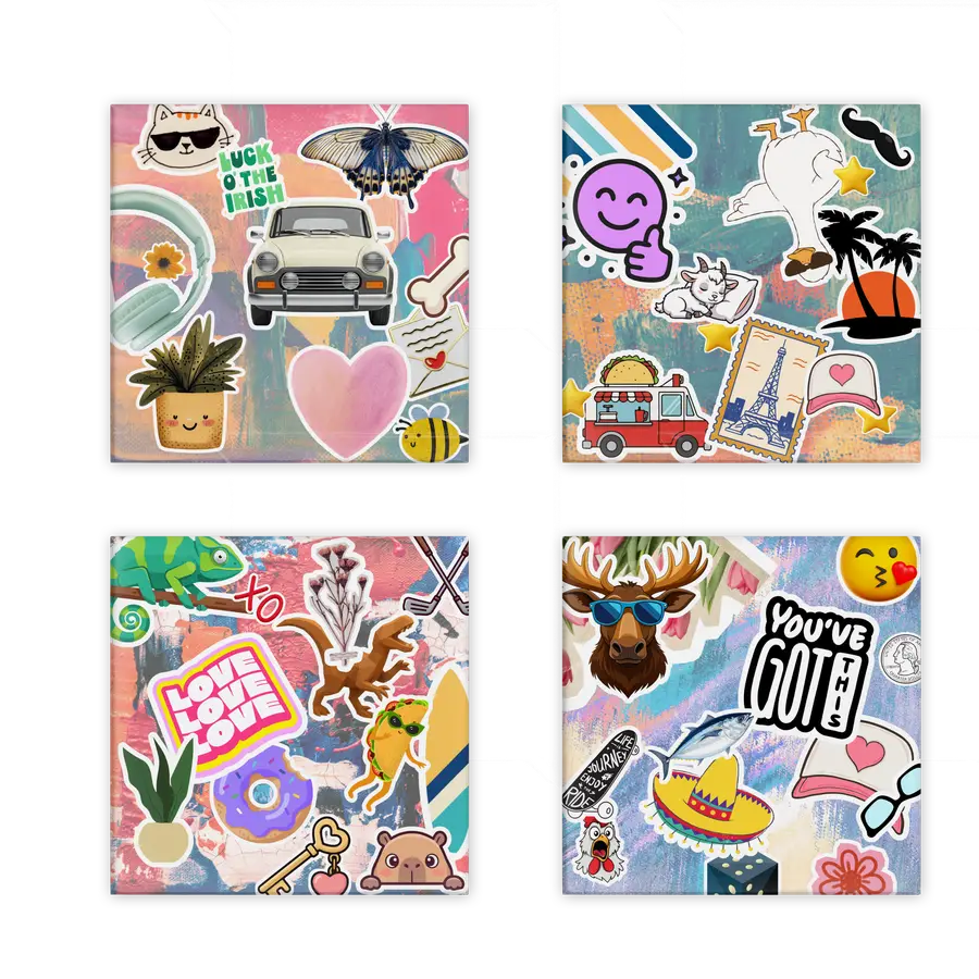Square Sticker Collage set of four colorful magnets with playful travel, animal and encouragement artwork