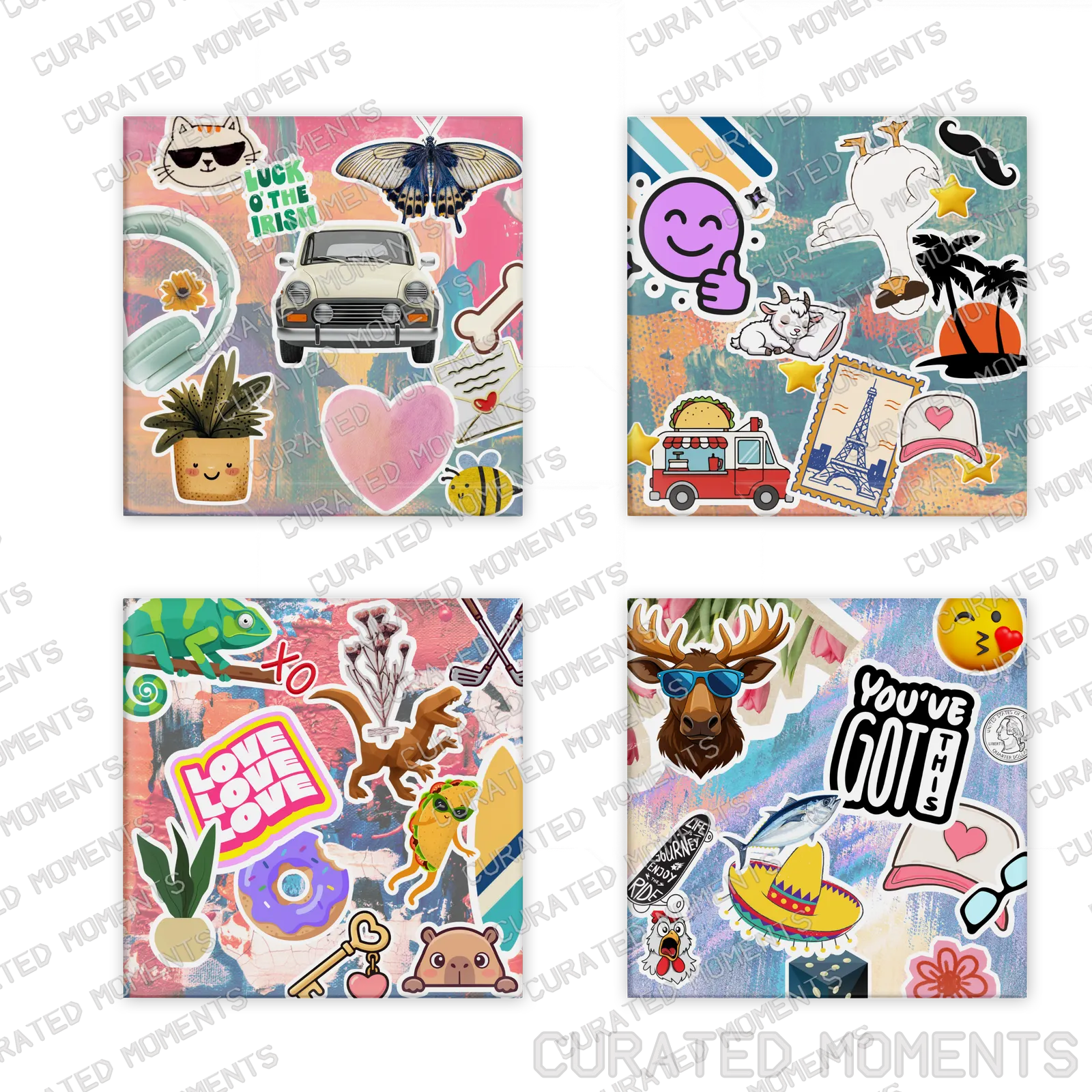 Square Sticker Collage set of four colorful magnets with playful travel, animal and encouragement artwork